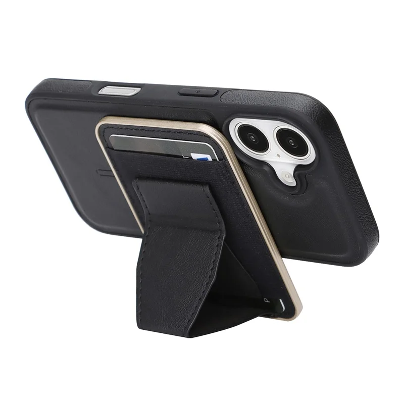 For iPhone 16 Magnetic Case with Detachable Card Holder Kickstand TPU + PU Back Cover Compatible with MagSafe - Black