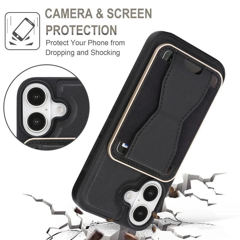 For iPhone 16 Magnetic Case with Detachable Card Holder Kickstand TPU + PU Back Cover Compatible with MagSafe - Black