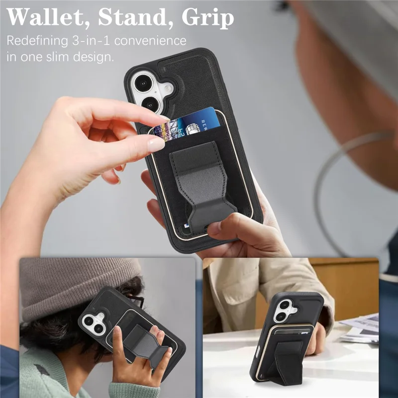 For iPhone 16 Magnetic Case with Detachable Card Holder Kickstand TPU + PU Back Cover Compatible with MagSafe - Black