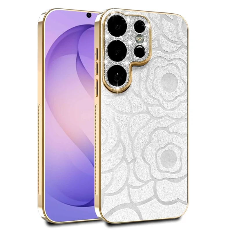 For Samsung Galaxy S26 Ultra Case Camellia Embossed Glitter Camera Ring PU Leather Cover with 15cm Pearl Strap - White