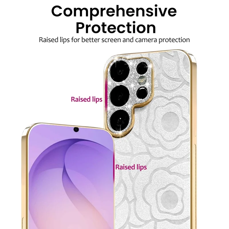 For Samsung Galaxy S26 Ultra Case Camellia Embossed Glitter Camera Ring PU Leather Cover with 15cm Pearl Strap - White