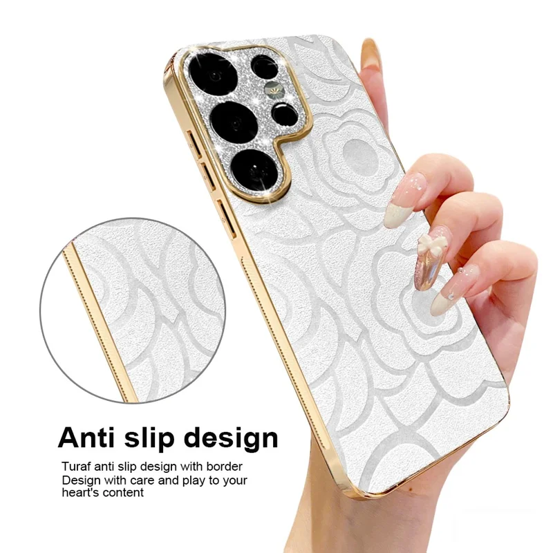 For Samsung Galaxy S26 Ultra Case Camellia Embossed Glitter Camera Ring PU Leather Cover with 15cm Pearl Strap - White