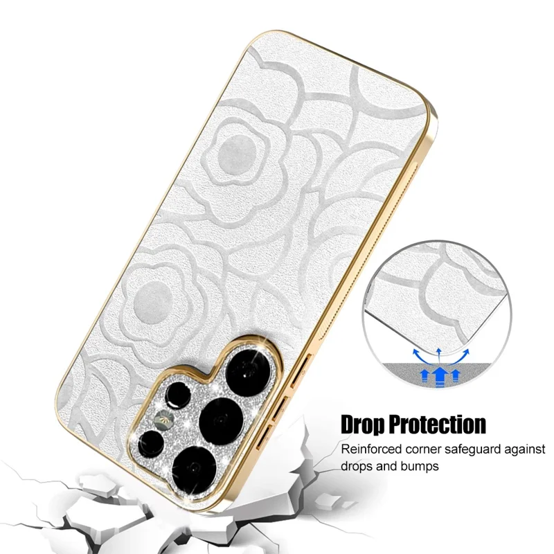 For Samsung Galaxy S26 Ultra Case Camellia Embossed Glitter Camera Ring PU Leather Cover with 15cm Pearl Strap - White