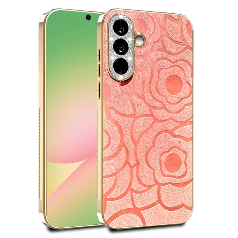 For Samsung Galaxy A56 5G Case Camellia Embossed Glitter Camera Ring PU Leather Cover with 15cm Pearl Strap - Pink