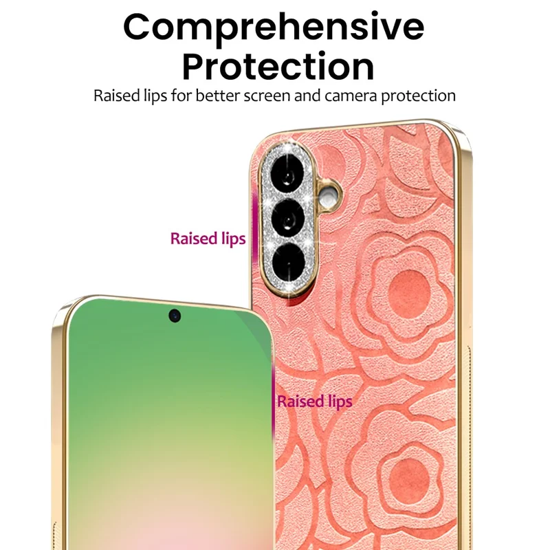 For Samsung Galaxy A56 5G Case Camellia Embossed Glitter Camera Ring PU Leather Cover with 15cm Pearl Strap - Pink