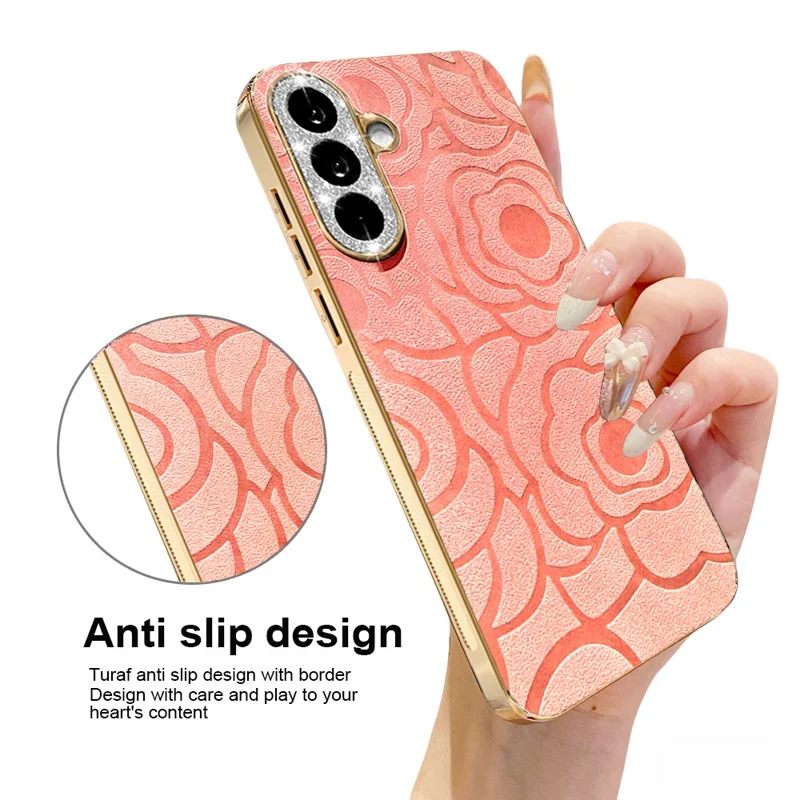 For Samsung Galaxy A56 5G Case Camellia Embossed Glitter Camera Ring PU Leather Cover with 15cm Pearl Strap - Pink