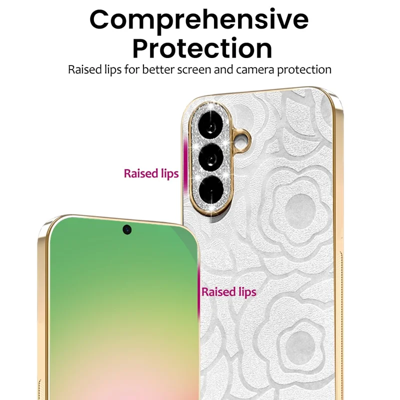 For Samsung Galaxy S26 Case Camellia Embossed Glitter Camera Ring PU Leather Cover with 15cm Pearl Strap - White