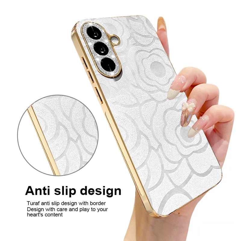 For Samsung Galaxy S26 Case Camellia Embossed Glitter Camera Ring PU Leather Cover with 15cm Pearl Strap - White