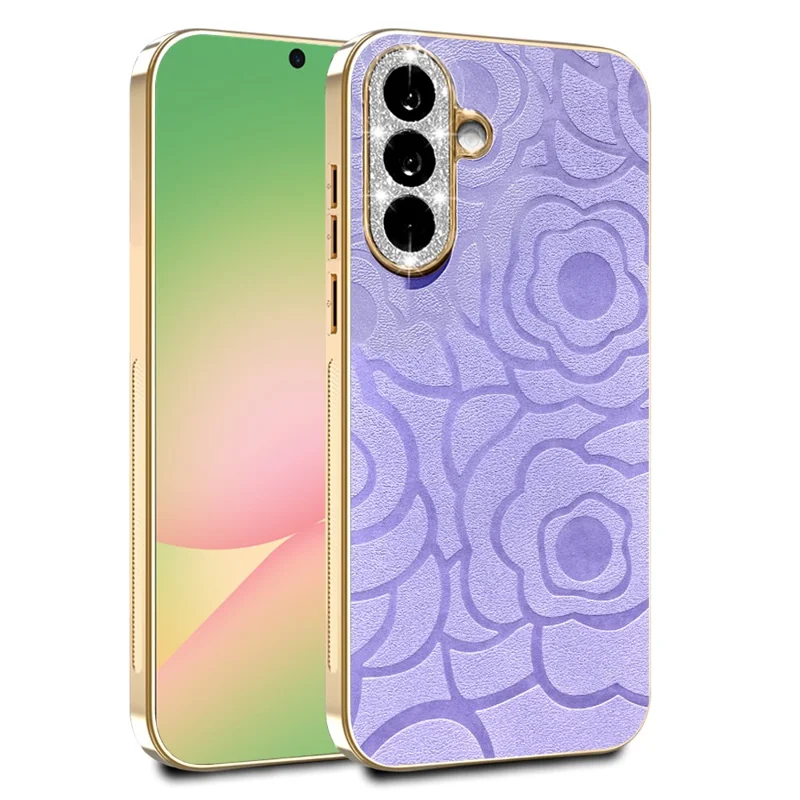 For Samsung Galaxy S26+ Case Camellia Embossed Glitter Camera Ring PU Leather Cover with 15cm Pearl Strap - Purple