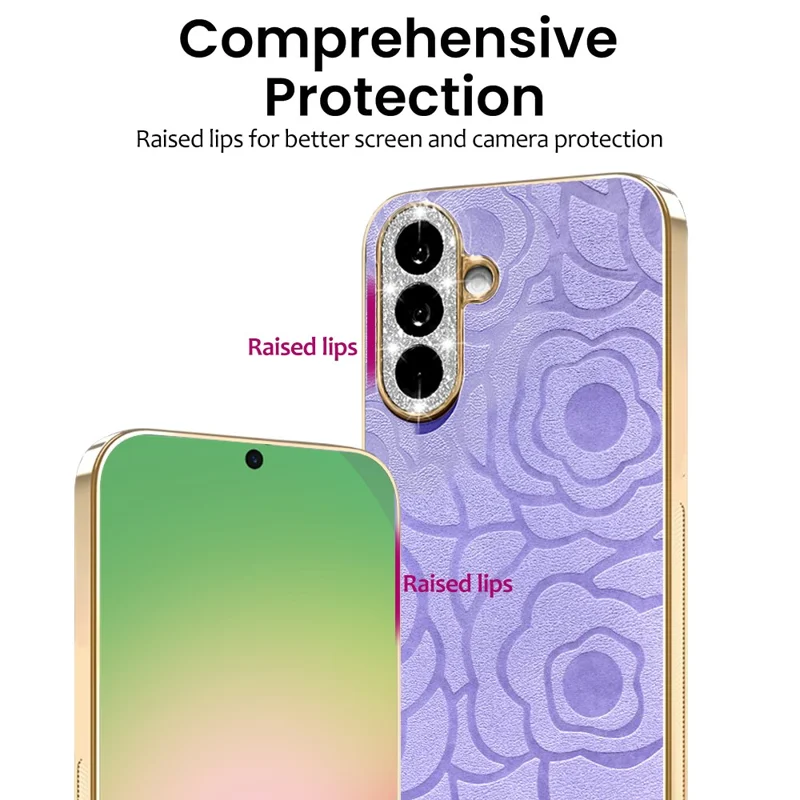 For Samsung Galaxy S26+ Case Camellia Embossed Glitter Camera Ring PU Leather Cover with 15cm Pearl Strap - Purple