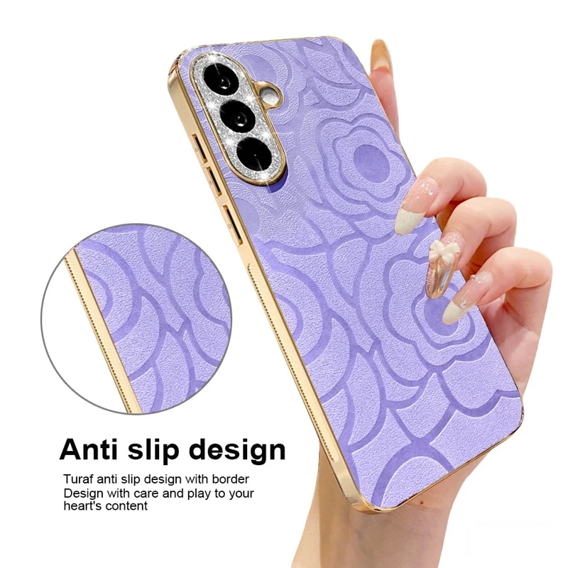 For Samsung Galaxy S26+ Case Camellia Embossed Glitter Camera Ring PU Leather Cover with 15cm Pearl Strap - Purple