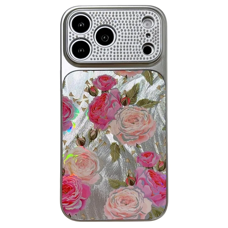 For iPhone 17 Pro Mobile Phone Case Diamond Camera Ring Feathered Flowers Pattern TPU PC Electroplated Cover - Rose