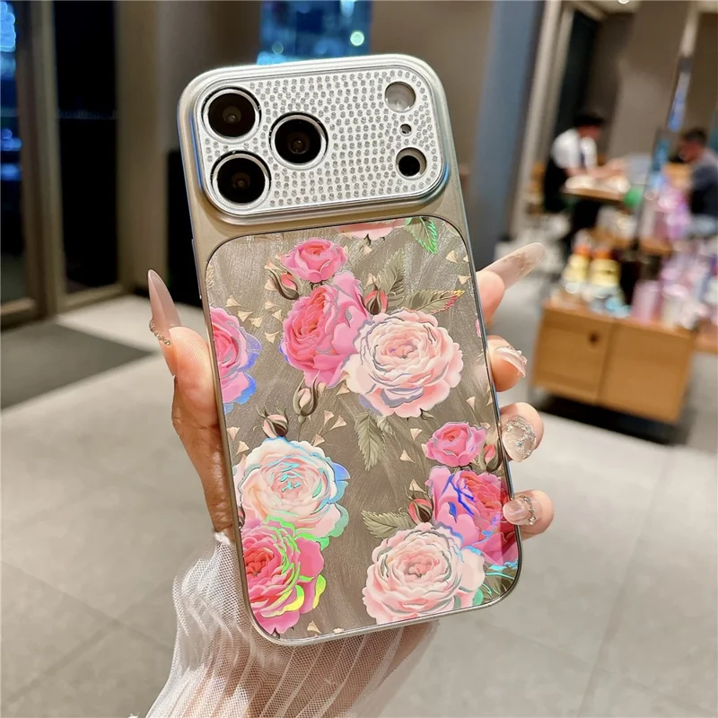 For iPhone 17 Pro Mobile Phone Case Diamond Camera Ring Feathered Flowers Pattern TPU PC Electroplated Cover - Rose