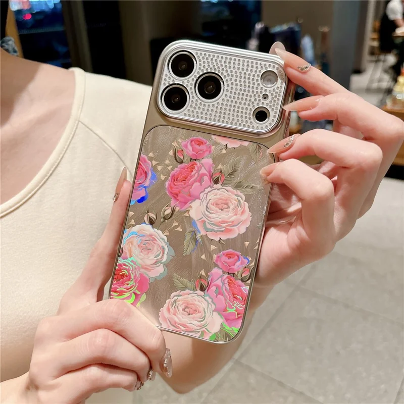 For iPhone 17 Pro Mobile Phone Case Diamond Camera Ring Feathered Flowers Pattern TPU PC Electroplated Cover - Rose