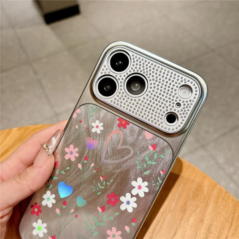 For iPhone 17 Pro Mobile Phone Case Diamond Camera Ring Feathered Flowers Pattern TPU PC Electroplated Cover - Rose