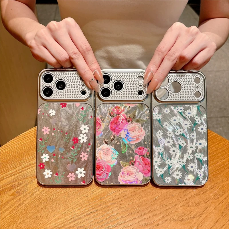 For iPhone 17 Pro Mobile Phone Case Diamond Camera Ring Feathered Flowers Pattern TPU PC Electroplated Cover - Rose