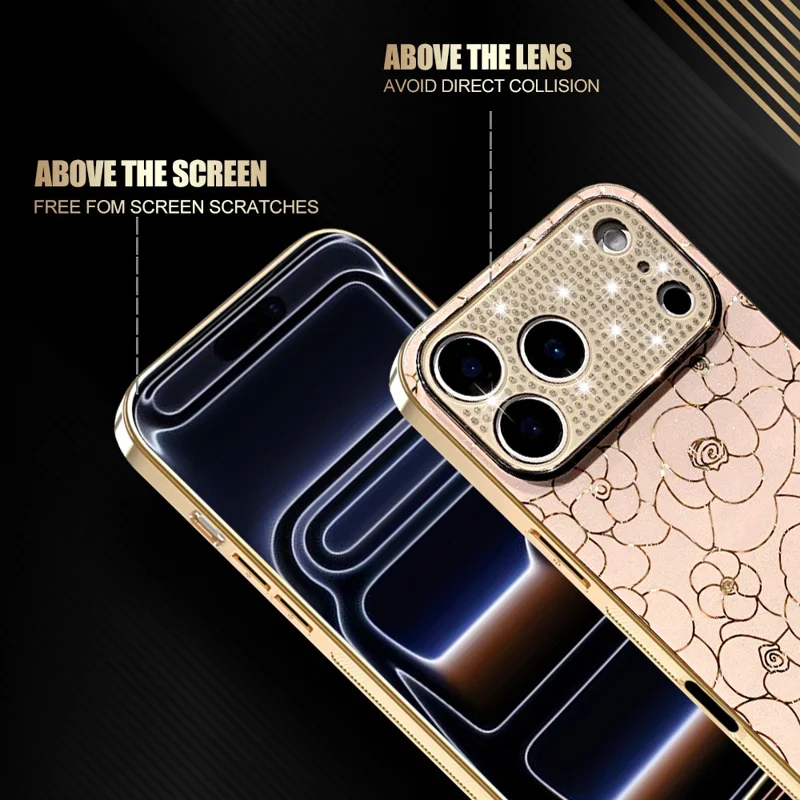 Coque pour iPhone 17 Pro Max avec Anneau de Caméra en Diamants, Motif Fleuri, Coque de Protection Antichoc en TPU et PC - Rose