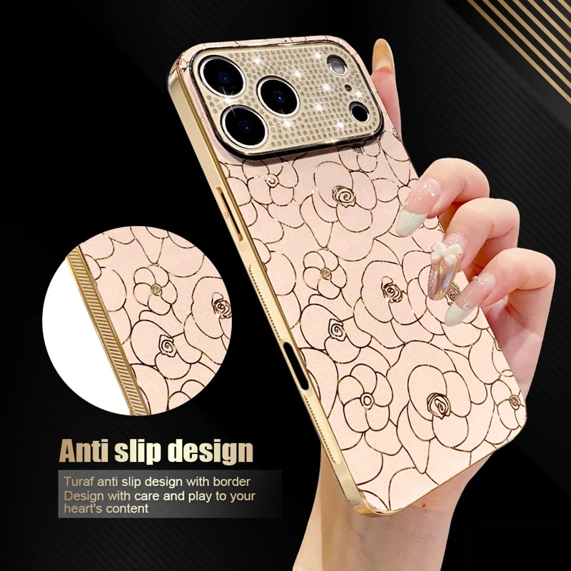 Coque pour iPhone 17 Pro Max avec Anneau de Caméra en Diamants, Motif Fleuri, Coque de Protection Antichoc en TPU et PC - Rose