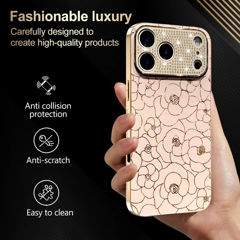 Coque pour iPhone 17 Pro Max avec Anneau de Caméra en Diamants, Motif Fleuri, Coque de Protection Antichoc en TPU et PC - Rose