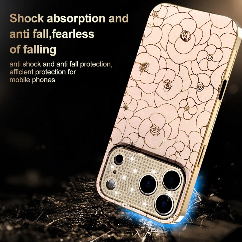 Coque pour iPhone 17 Pro Max avec Anneau de Caméra en Diamants, Motif Fleuri, Coque de Protection Antichoc en TPU et PC - Rose