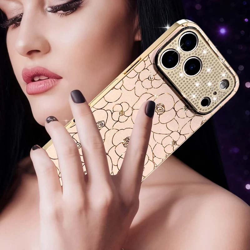Coque pour iPhone 17 Pro Max avec Anneau de Caméra en Diamants, Motif Fleuri, Coque de Protection Antichoc en TPU et PC - Rose