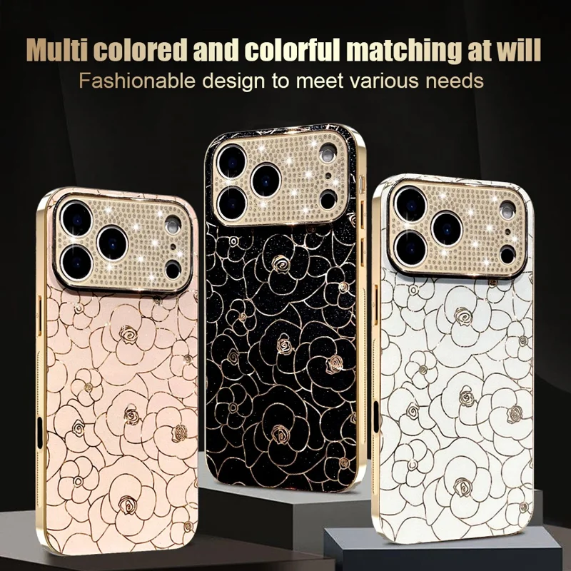 Coque pour iPhone 17 Pro Max avec Anneau de Caméra en Diamants, Motif Fleuri, Coque de Protection Antichoc en TPU et PC - Rose