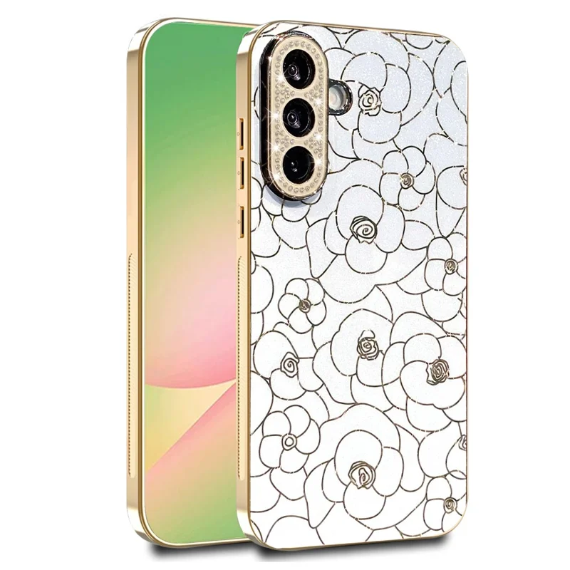 For Samsung Galaxy A56 5G Case Diamond Camera Ring Flower Pattern TPU PC Shockproof Protective Case - White