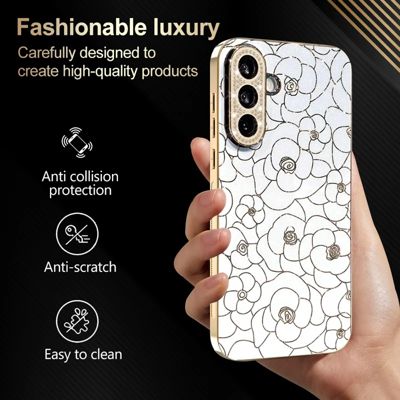 For Samsung Galaxy A56 5G Case Diamond Camera Ring Flower Pattern TPU PC Shockproof Protective Case - White