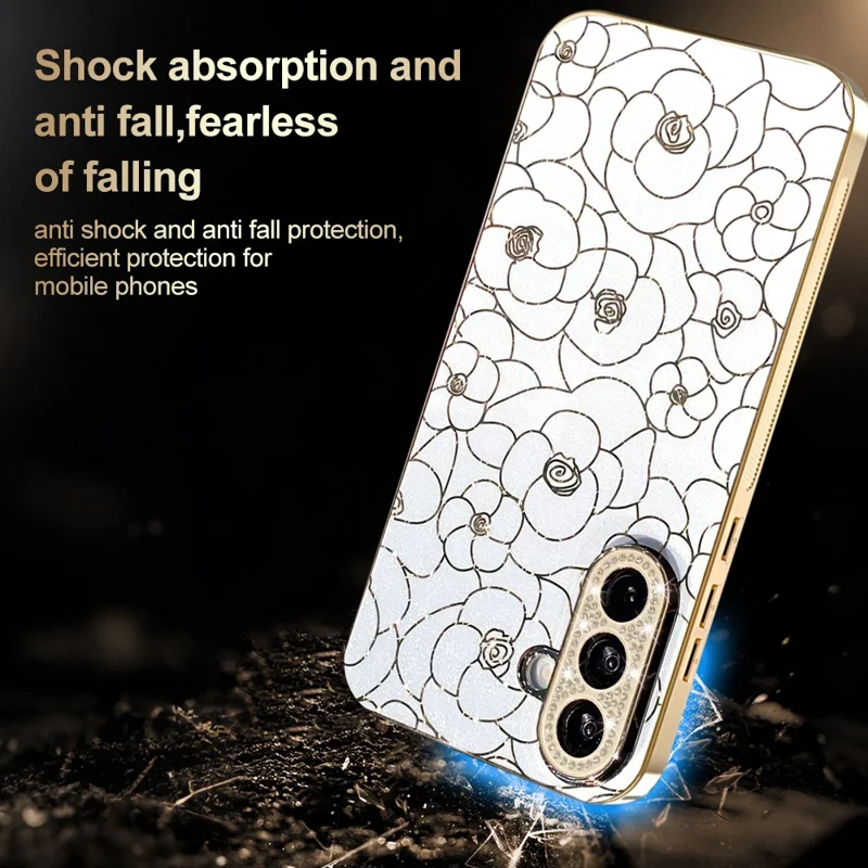 For Samsung Galaxy A56 5G Case Diamond Camera Ring Flower Pattern TPU PC Shockproof Protective Case - White