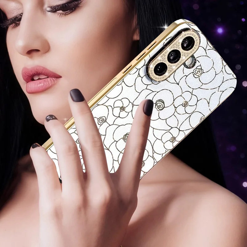 For Samsung Galaxy A56 5G Case Diamond Camera Ring Flower Pattern TPU PC Shockproof Protective Case - White