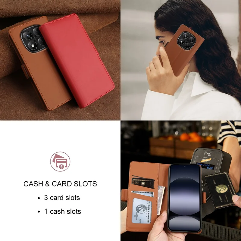 For Xiaomi Redmi Note 14 Pro 5G  /  Poco X7 5G Leather Case Wallet Stand TPU + PU Skin-touch Cover - Brown