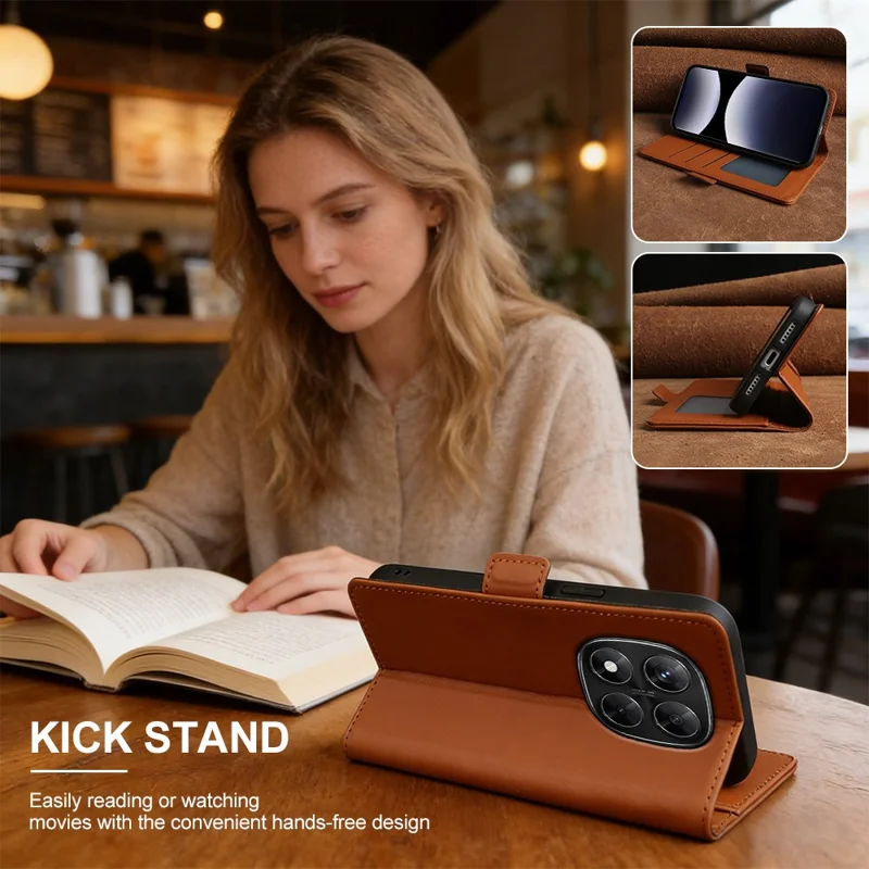 For Xiaomi Redmi Note 14 Pro+ 5G Leather Case Wallet Stand TPU + PU Skin-touch Cover - Brown