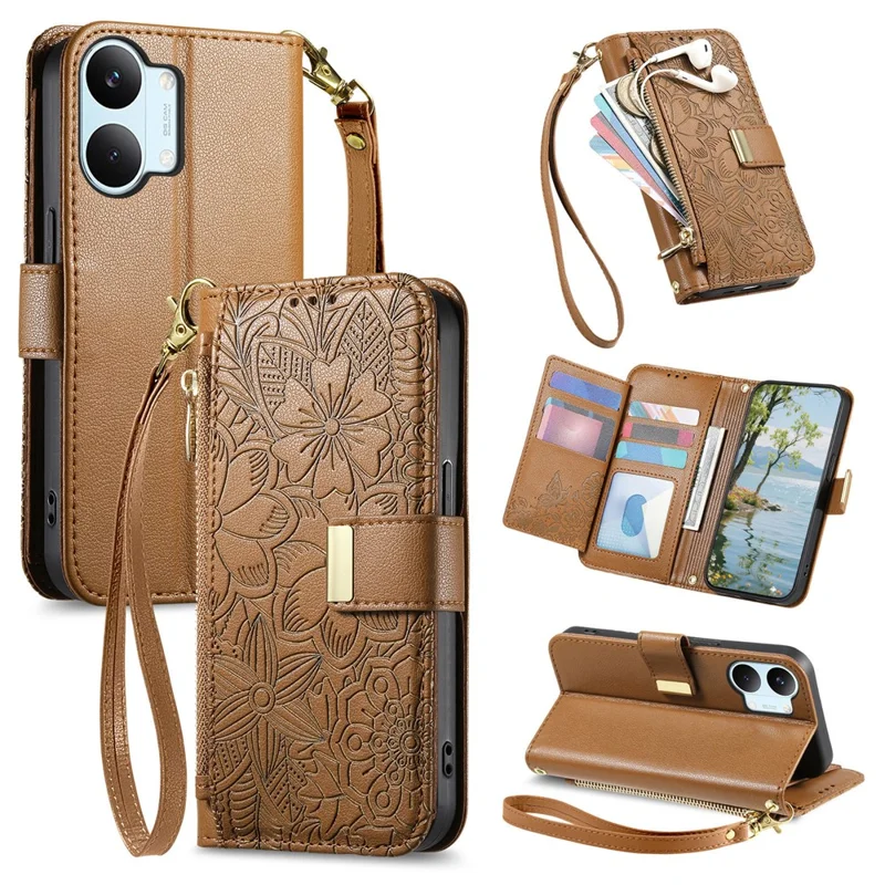 For Xiaomi Poco X8 Pro Max 5G  /  Redmi Turbo 5 Max 5G Case Floral Leaf Pattern Multi Card Slots Zipper Leather Phone Cover with Wrist Strap - Brown