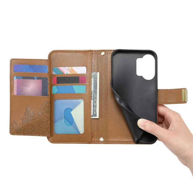 For Xiaomi Poco X8 Pro Max 5G  /  Redmi Turbo 5 Max 5G Case Floral Leaf Pattern Multi Card Slots Zipper Leather Phone Cover with Wrist Strap - Brown