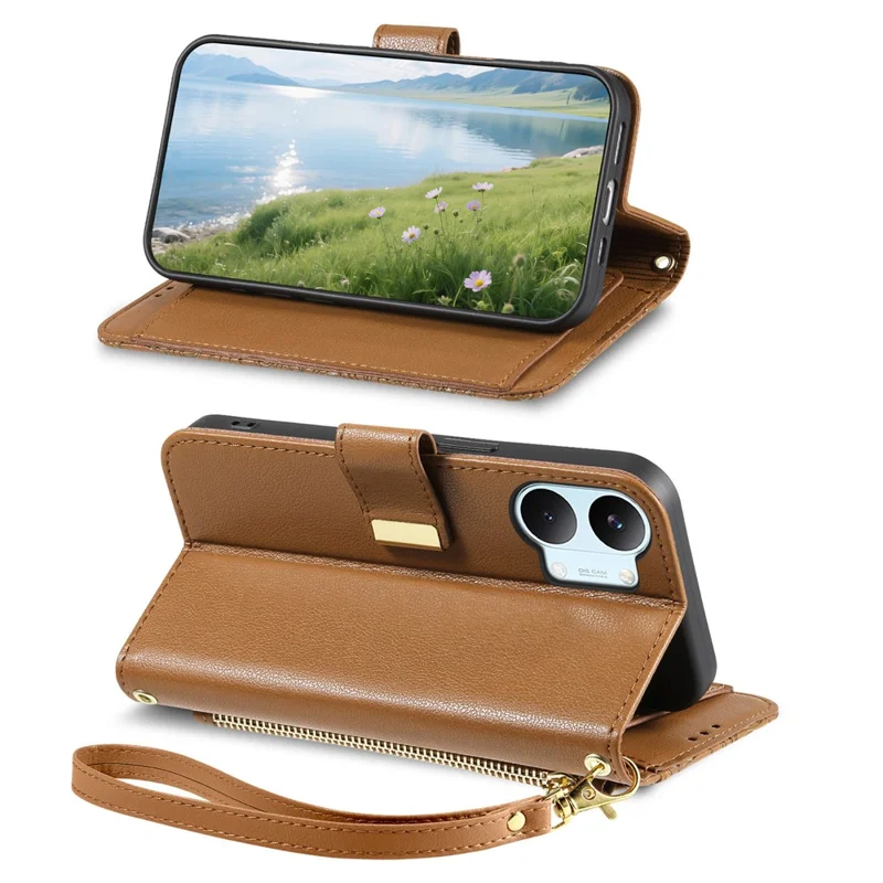 For Xiaomi Poco X8 Pro Max 5G  /  Redmi Turbo 5 Max 5G Case Floral Leaf Pattern Multi Card Slots Zipper Leather Phone Cover with Wrist Strap - Brown