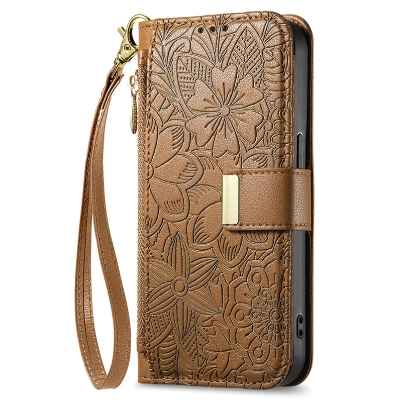 For Xiaomi Poco X8 Pro Max 5G  /  Redmi Turbo 5 Max 5G Case Floral Leaf Pattern Multi Card Slots Zipper Leather Phone Cover with Wrist Strap - Brown