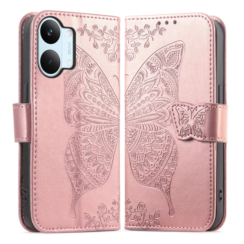 For Xiaomi Poco X8 Pro Max 5G  /  Redmi Turbo 5 Max 5G Case with Strap Butterfly Pattern PU Leather Wallet Phone Cover - Rose Gold