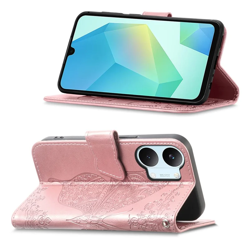 For Xiaomi Poco X8 Pro Max 5G  /  Redmi Turbo 5 Max 5G Case with Strap Butterfly Pattern PU Leather Wallet Phone Cover - Rose Gold