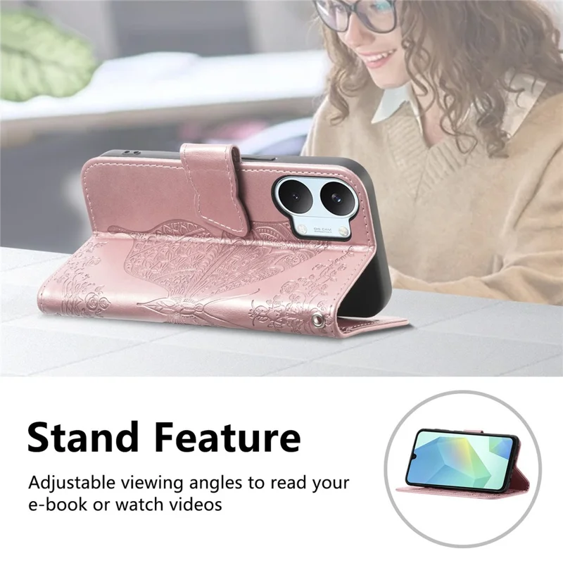 For Xiaomi Poco X8 Pro Max 5G  /  Redmi Turbo 5 Max 5G Case with Strap Butterfly Pattern PU Leather Wallet Phone Cover - Rose Gold