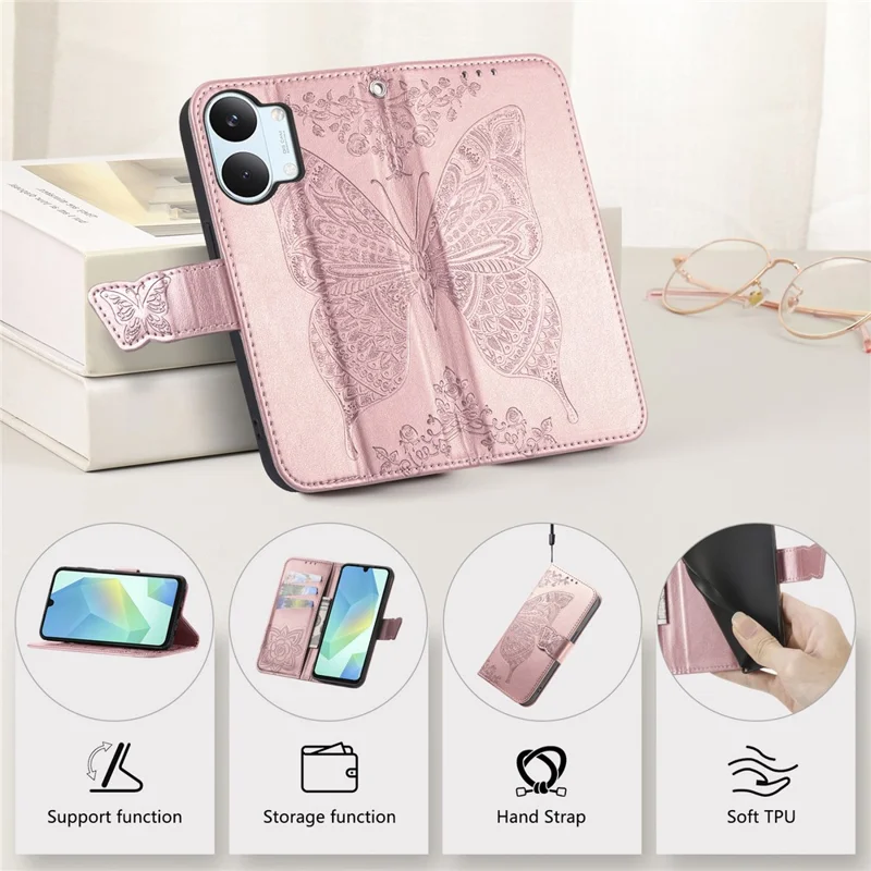 For Xiaomi Poco X8 Pro Max 5G  /  Redmi Turbo 5 Max 5G Case with Strap Butterfly Pattern PU Leather Wallet Phone Cover - Rose Gold