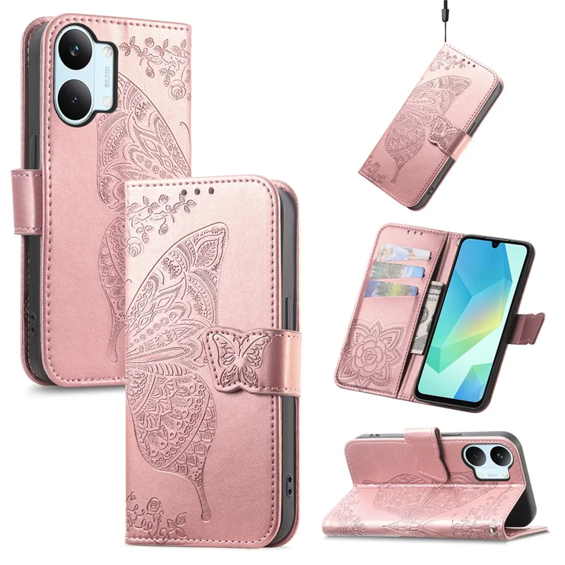 For Xiaomi Poco X8 Pro Max 5G  /  Redmi Turbo 5 Max 5G Case with Strap Butterfly Pattern PU Leather Wallet Phone Cover - Rose Gold
