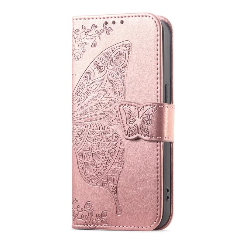 For Xiaomi Poco X8 Pro Max 5G  /  Redmi Turbo 5 Max 5G Case with Strap Butterfly Pattern PU Leather Wallet Phone Cover - Rose Gold