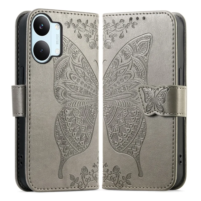 For Xiaomi Poco X8 Pro Max 5G  /  Redmi Turbo 5 Max 5G Case with Strap Butterfly Pattern PU Leather Wallet Phone Cover - Grey
