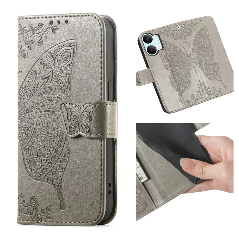 For Xiaomi Poco X8 Pro Max 5G  /  Redmi Turbo 5 Max 5G Case with Strap Butterfly Pattern PU Leather Wallet Phone Cover - Grey