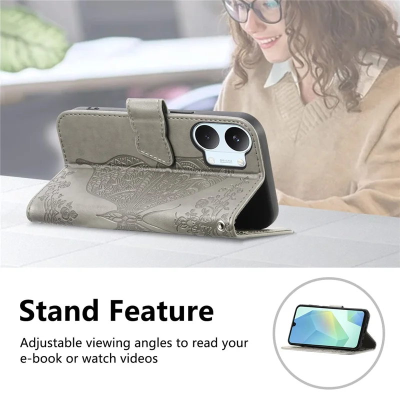 For Xiaomi Poco X8 Pro Max 5G  /  Redmi Turbo 5 Max 5G Case with Strap Butterfly Pattern PU Leather Wallet Phone Cover - Grey