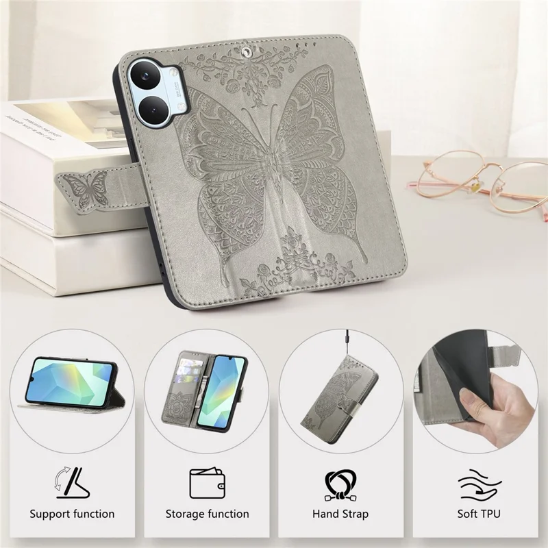 For Xiaomi Poco X8 Pro Max 5G  /  Redmi Turbo 5 Max 5G Case with Strap Butterfly Pattern PU Leather Wallet Phone Cover - Grey