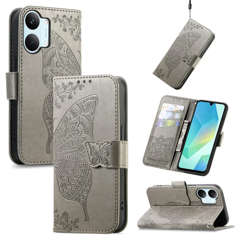 For Xiaomi Poco X8 Pro Max 5G  /  Redmi Turbo 5 Max 5G Case with Strap Butterfly Pattern PU Leather Wallet Phone Cover - Grey