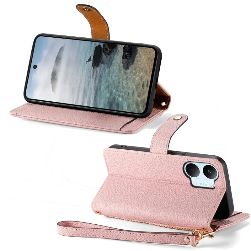 For Xiaomi Poco X8 Pro Max 5G  /  Redmi Turbo 5 Max 5G Case RFID Blocking Zipper Pocket Leather Wallet Phone Cover with Strap - Pink