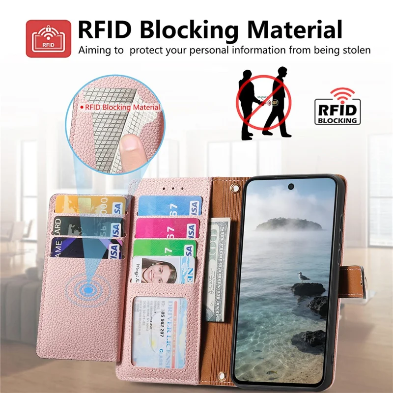 For Xiaomi Poco X8 Pro Max 5G  /  Redmi Turbo 5 Max 5G Case RFID Blocking Zipper Pocket Leather Wallet Phone Cover with Strap - Pink