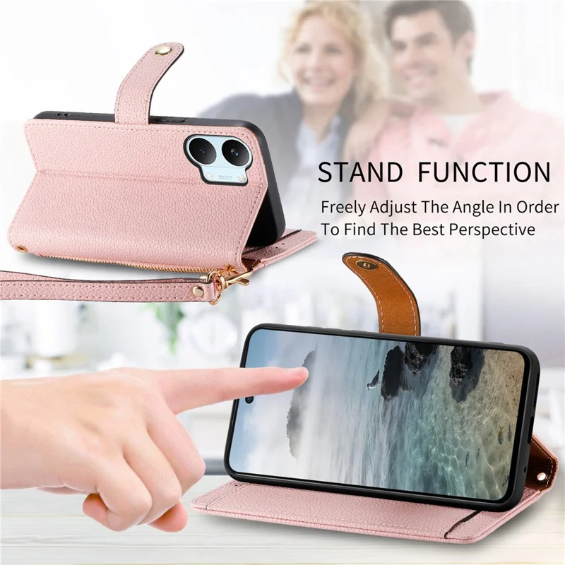 For Xiaomi Poco X8 Pro Max 5G  /  Redmi Turbo 5 Max 5G Case RFID Blocking Zipper Pocket Leather Wallet Phone Cover with Strap - Pink